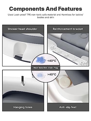 ADOV Baby Bath Tub: Collapsible, Grey, Thermometer & Cushion