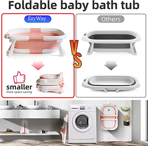 Pink Foldable Baby Bath Tub with Thermometer & Drain Plug