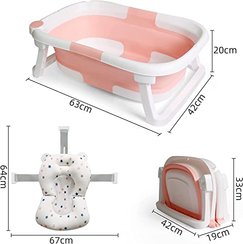 Pink Foldable Baby Bath Tub with Thermometer & Drain Plug