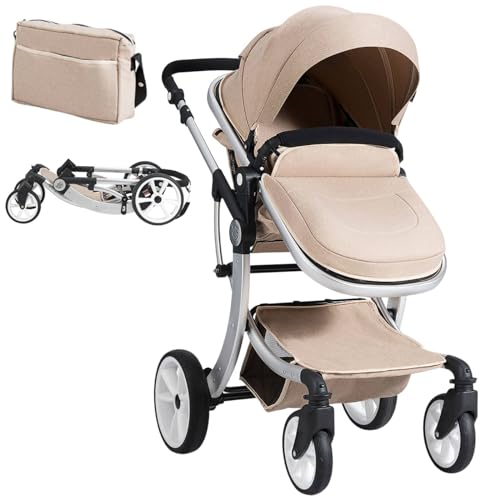 Foldable Lightweight Baby Pushchair with Convertible Seat (Beige)