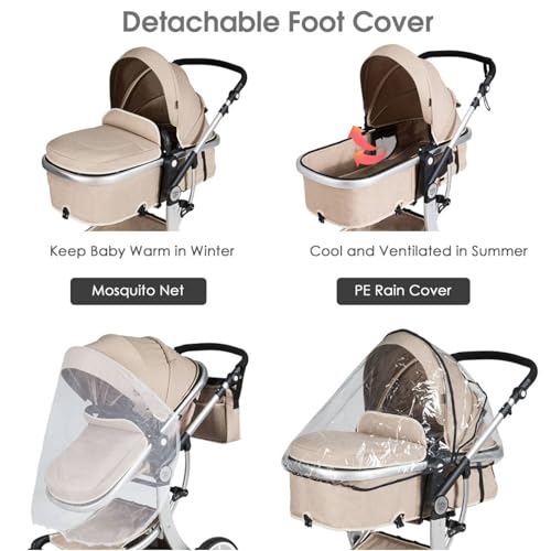 Foldable Lightweight Baby Pushchair with Convertible Seat (Beige)
