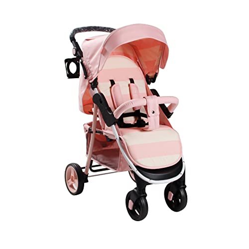 Pink Striped Pushchair with Large Storage Basket: Easy, Compact