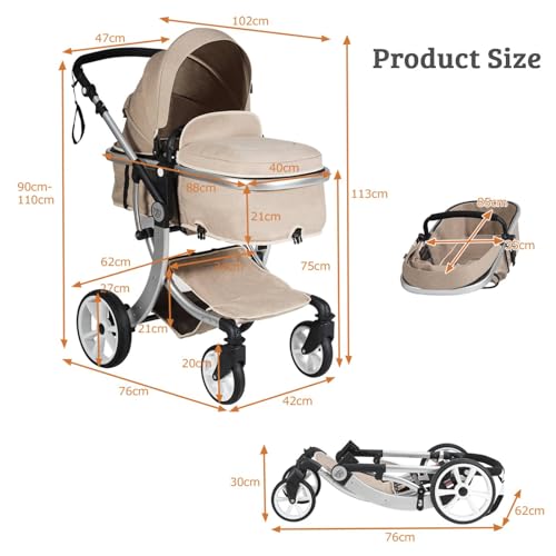 Foldable Lightweight Baby Pushchair with Convertible Seat (Beige)