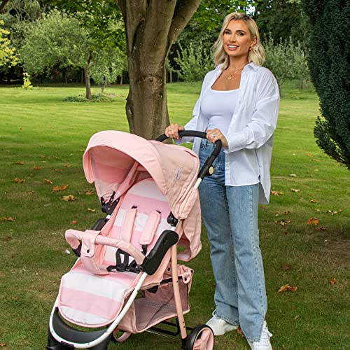 Pink Striped Pushchair with Large Storage Basket: Easy, Compact