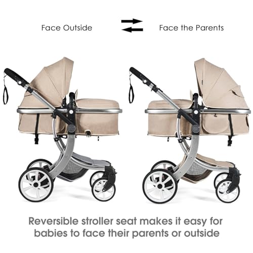 Foldable Lightweight Baby Pushchair with Convertible Seat (Beige)