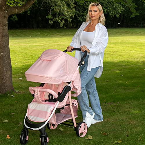 Pink Striped Pushchair with Large Storage Basket: Easy, Compact