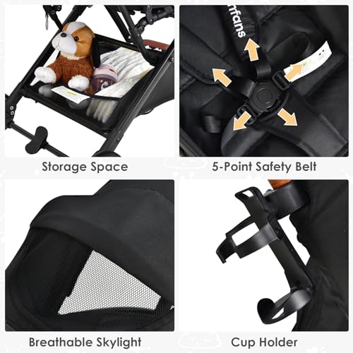 Compact Baby Stroller with Adjustable Seat, Canopy - Black