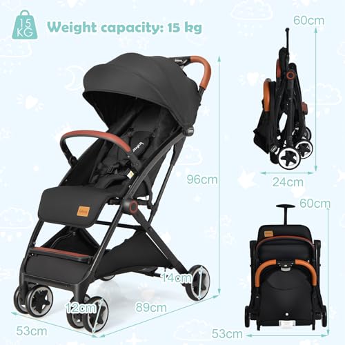 Compact Baby Stroller with Adjustable Seat, Canopy - Black
