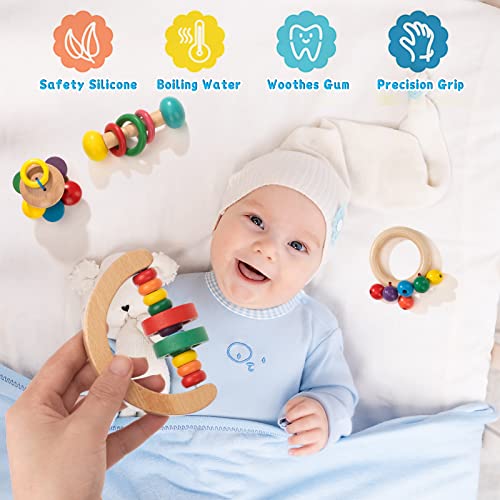 Wooden Rattle Teether Set, Sensory Grasp Toy