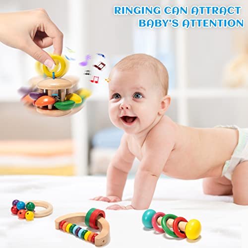 Wooden Rattle Teether Set, Sensory Grasp Toy