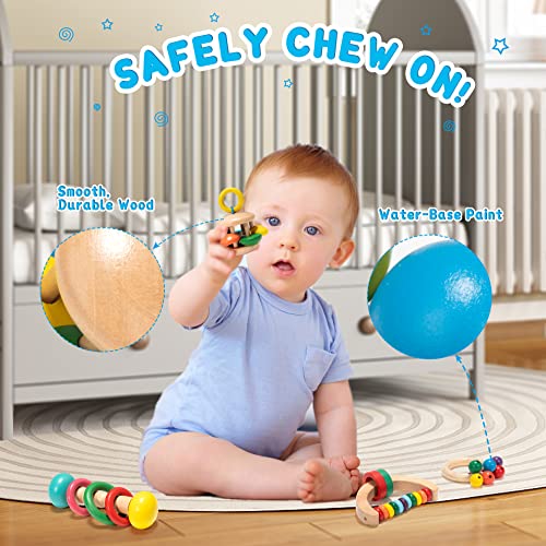 Wooden Rattle Teether Set, Sensory Grasp Toy