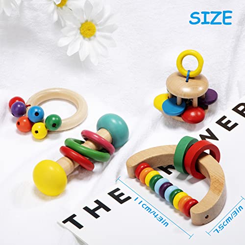 Wooden Rattle Teether Set, Sensory Grasp Toy