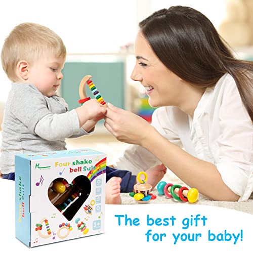 Wooden Rattle Teether Set, Sensory Grasp Toy