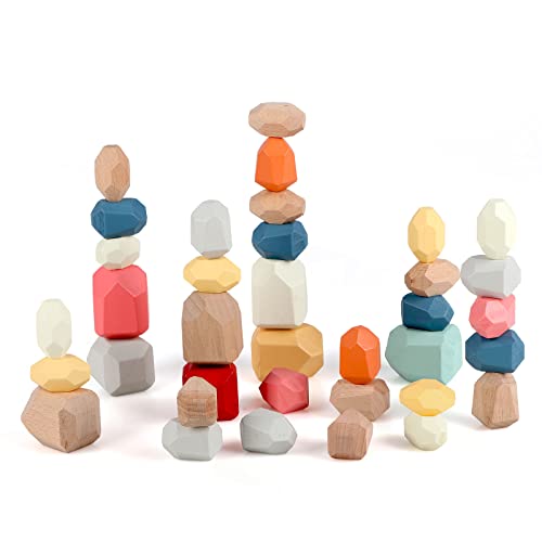 Colorful Montessori Wooden Stacking Rocks for Toddlers
