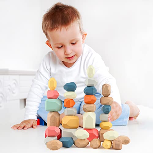 Colorful Montessori Wooden Stacking Rocks for Toddlers