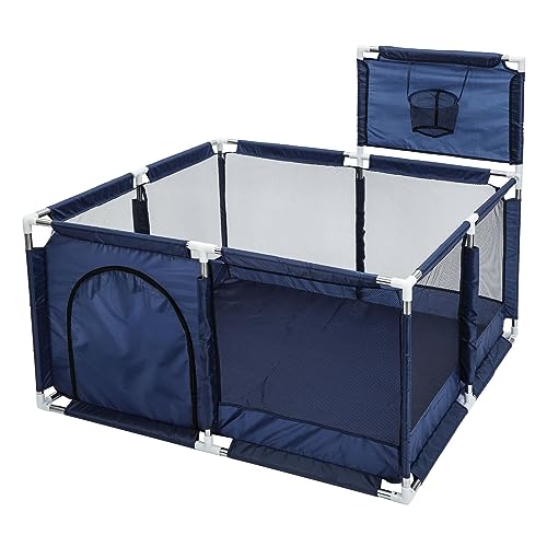 Large Portable Baby Playpen with Basketball Hoop - Blue