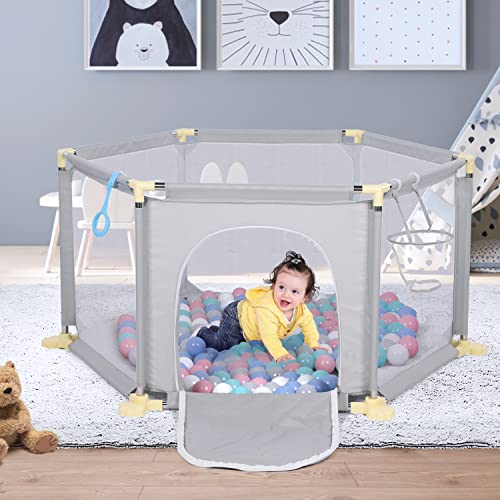 Portable 6-Panel Baby Playpen with Mesh & Basketball