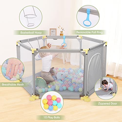 Portable 6-Panel Baby Playpen with Mesh & Basketball