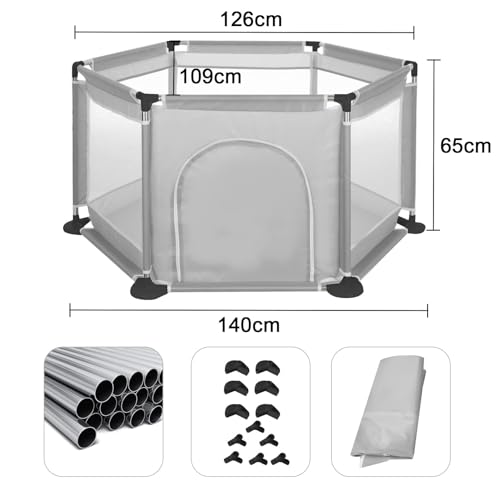 BALLSHOP Gray Baby Playpen - Round Zipper Door, 6 Sides (Excludes Ocean Ball)