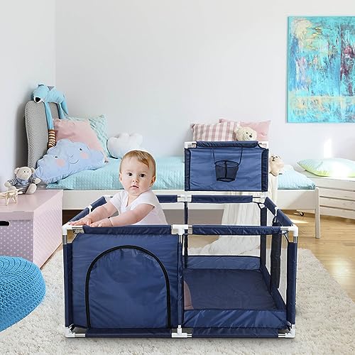 Large Portable Baby Playpen with Basketball Hoop - Blue