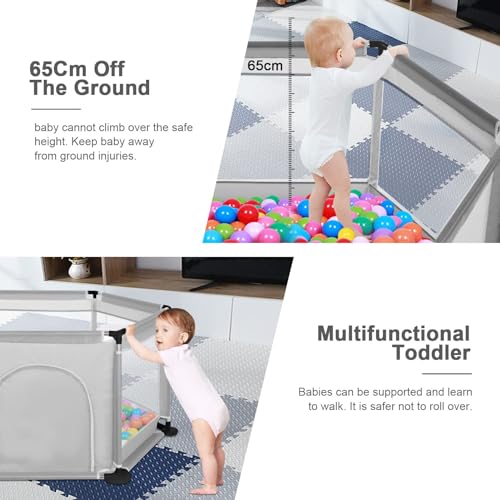 BALLSHOP Gray Baby Playpen - Round Zipper Door, 6 Sides (Excludes Ocean Ball)