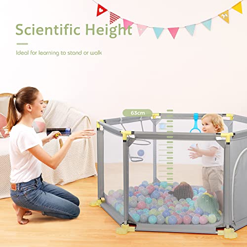 Portable 6-Panel Baby Playpen with Mesh & Basketball