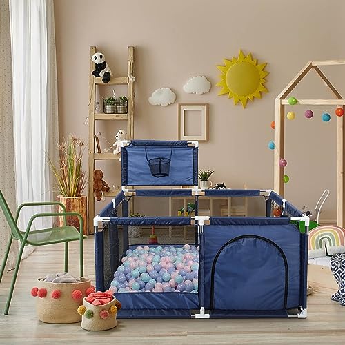 Large Portable Baby Playpen with Basketball Hoop - Blue