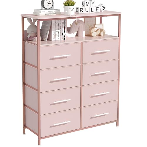 Pink Dresser with 8 Drawers, Open Shelves, and Nursery Usage