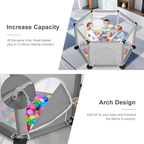 BALLSHOP Gray Baby Playpen - Round Zipper Door, 6 Sides (Excludes Ocean Ball)