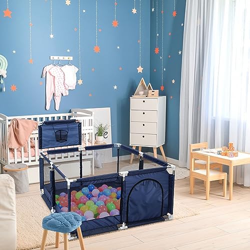 Large Portable Baby Playpen with Basketball Hoop - Blue