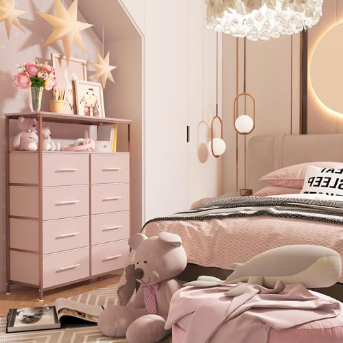 Pink Dresser with 8 Drawers, Open Shelves, and Nursery Usage