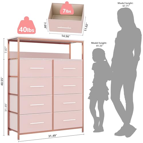 Pink Dresser with 8 Drawers, Open Shelves, and Nursery Usage