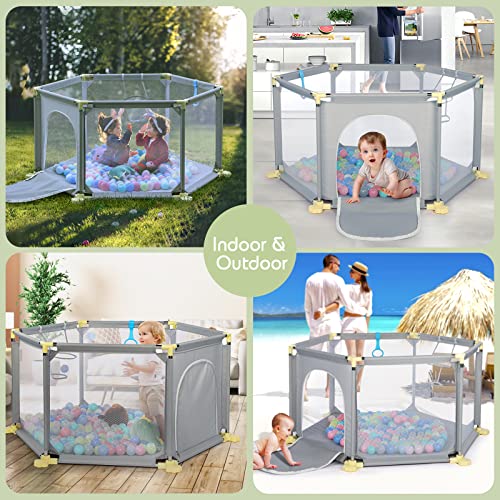 Portable 6-Panel Baby Playpen with Mesh & Basketball