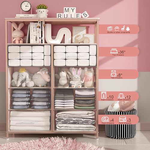 Pink Dresser with 8 Drawers, Open Shelves, and Nursery Usage