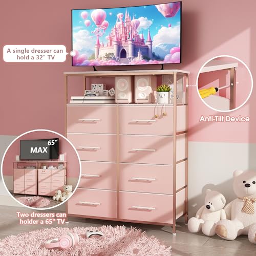 Pink Dresser with 8 Drawers, Open Shelves, and Nursery Usage