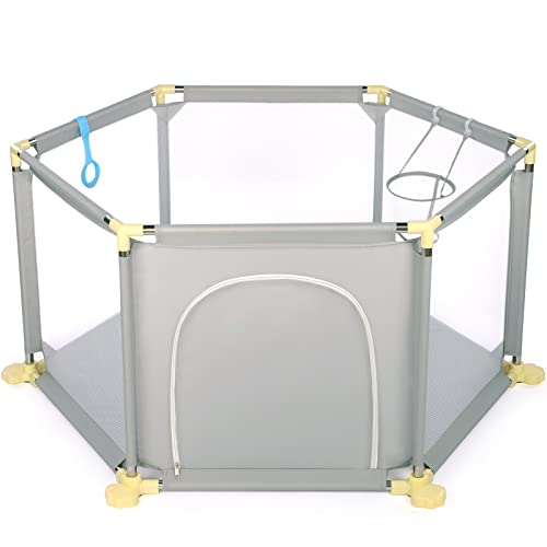 Portable 6-Panel Baby Playpen with Mesh & Basketball