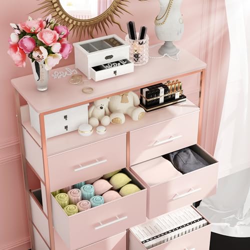Pink Dresser with 8 Drawers, Open Shelves, and Nursery Usage