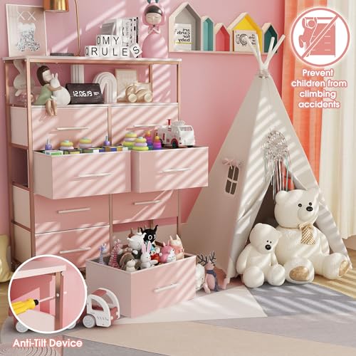 Pink Dresser with 8 Drawers, Open Shelves, and Nursery Usage