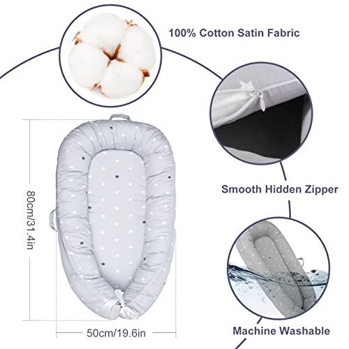 Baby Nest Pod: Lounger for Newborns, 100% Cotton (Grey Stars)