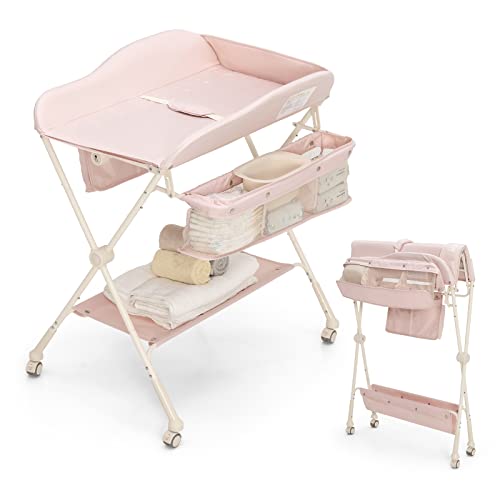 COSTWAY Foldable Changing Table with Water Basin - Pink