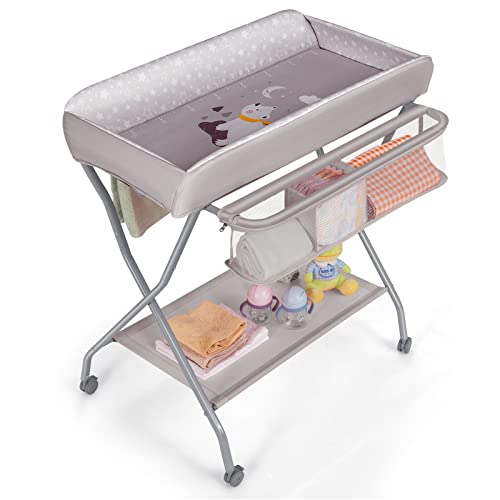 COSTWAY Folding Baby Changing Table with Wheels (Grey)