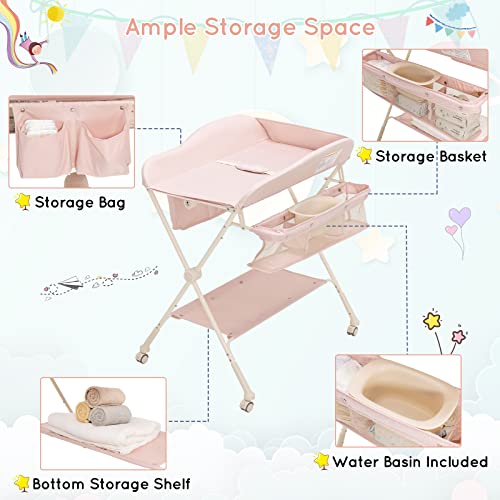 COSTWAY Foldable Changing Table with Water Basin - Pink