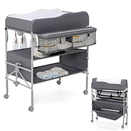 Folding Baby Changing Table with Wheels and Storage