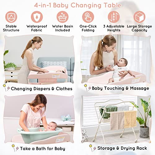 COSTWAY Foldable Changing Table with Water Basin - Pink