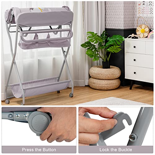 COSTWAY Folding Baby Changing Table with Wheels (Grey)