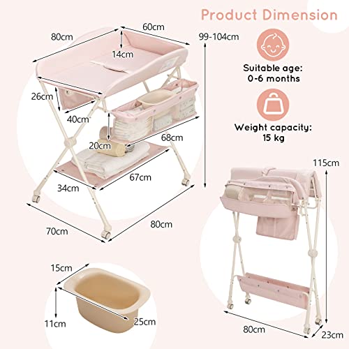COSTWAY Foldable Changing Table with Water Basin - Pink