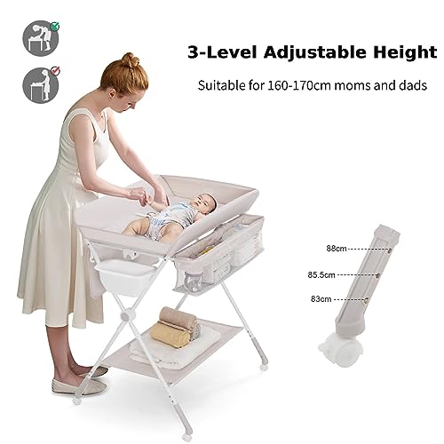 Foldable Baby Changing Table with Storage and Wheels