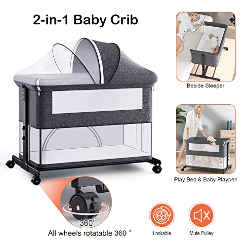 Adjustable Co-Sleeper Crib with Rotatable Wheels for Newborns