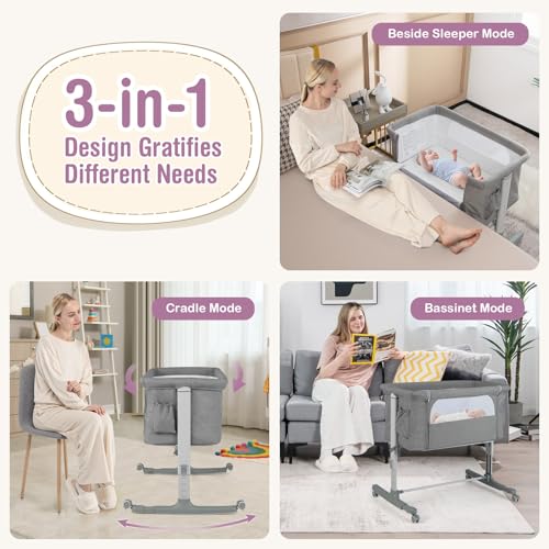 COSTWAY 3-in-1 Bedside Crib: Folding, Adjustable, Breathable