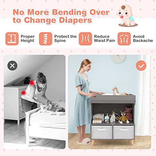 COSTWAY Baby Changing Table with Drawers, Waterproof Pad